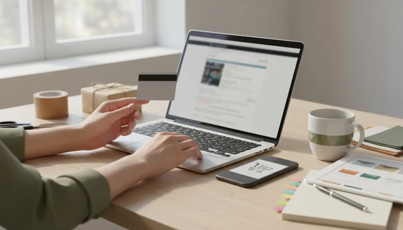 En moderne arbejdsstation med laptop, smartphone med indkøbskurvikon, tablet med nyhedsbrevlayout og en lille pakke klar til afsendelse.