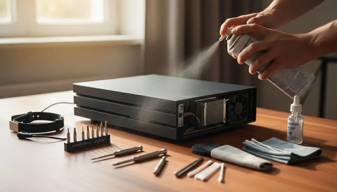 Nærbillede af en sort spillekonsol, hvor hænder bruger trykluft og en lille børste til at rense støv fra ventilationsåbninger og blæser.