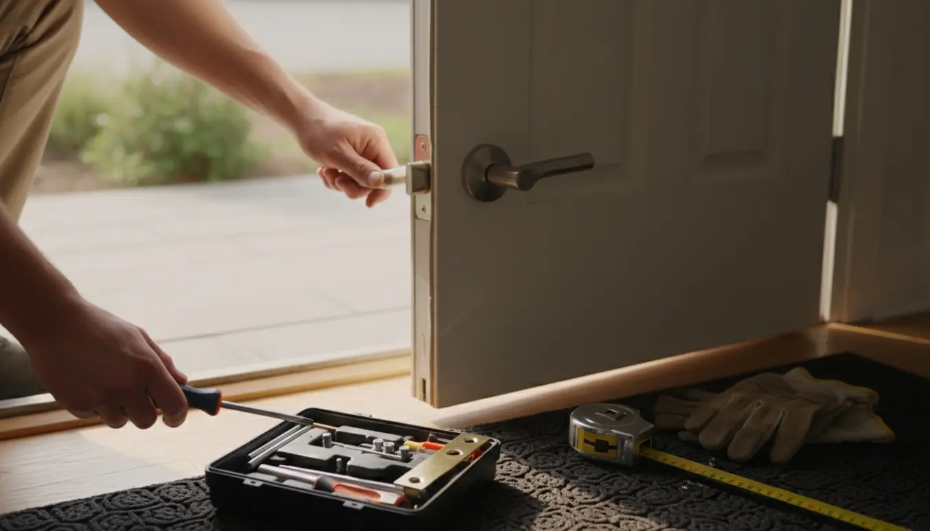 Tæt foto af hoveddør med løstsiddende dørhåndtag og værktøj spredt på dørtrinet.