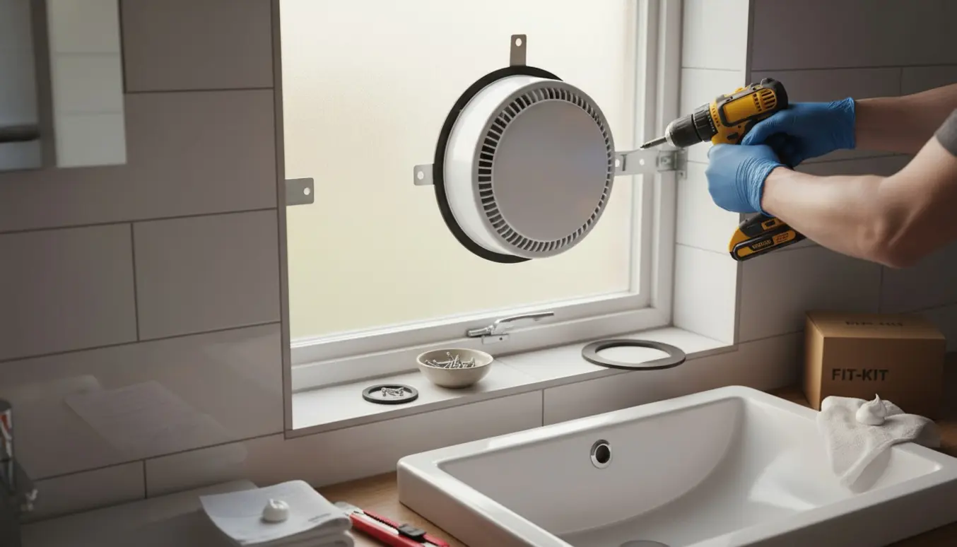 Badeværelse med ventilator under montering i et vindue, værktøj og fit-kit lagt frem.