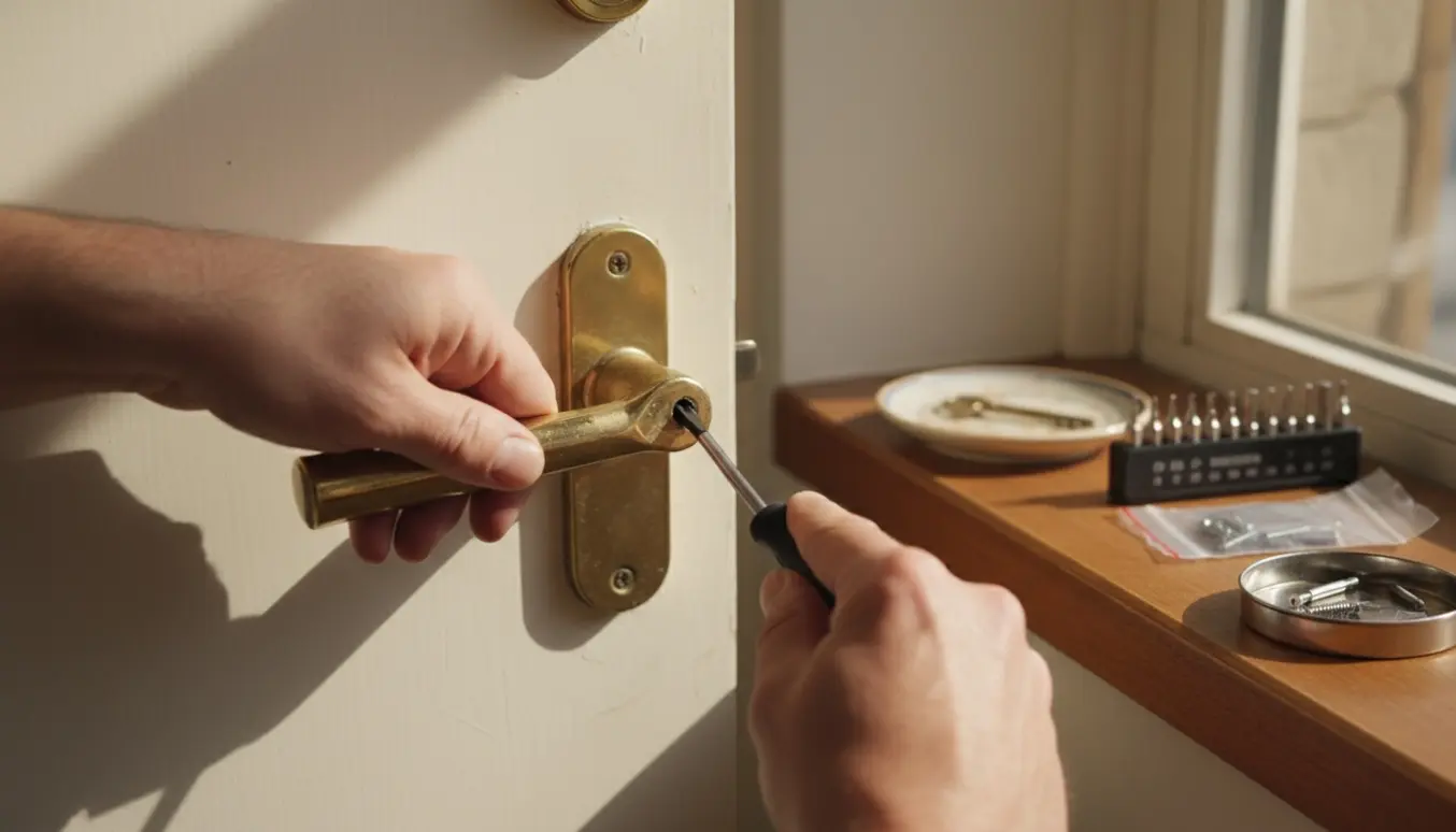 Nærbillede af hænder, der skruer et løst hoveddørhåndtag fast med skruetrækker, med reserveskruer ved siden af.