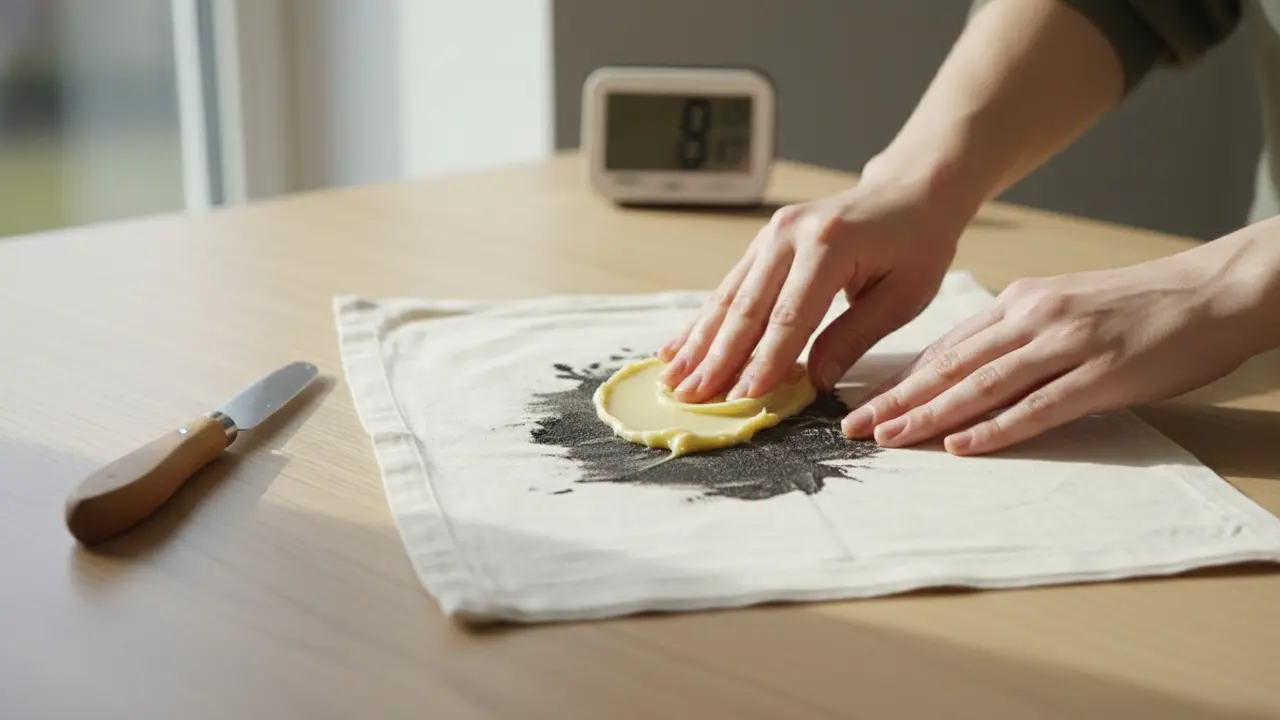 Påføring af margarine/olie på asfaltplet på stof med sløv kniv til forsigtig fjernelse.