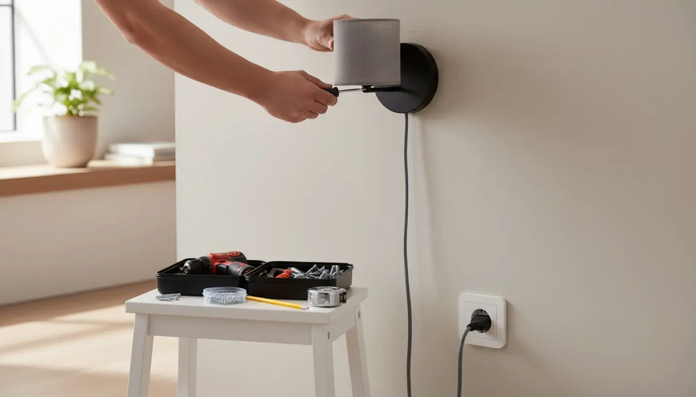 Hænder monterer en plug-in væglampe på en neutral stuevæg med værktøj og stikkontakt synlig.