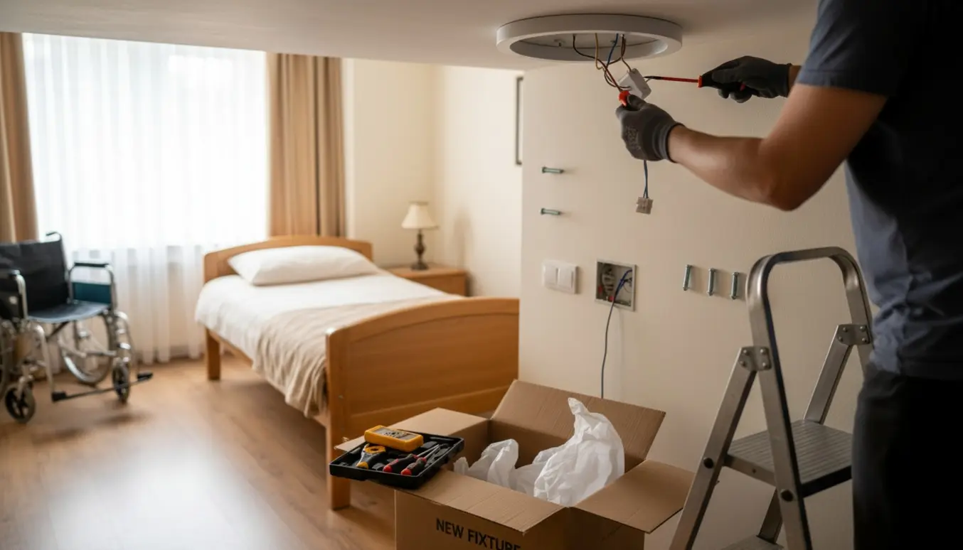 En tekniker hænger en ny loftslampe op i et hyggeligt værelse på et plejecenter med værktøj og emballage på gulvet.