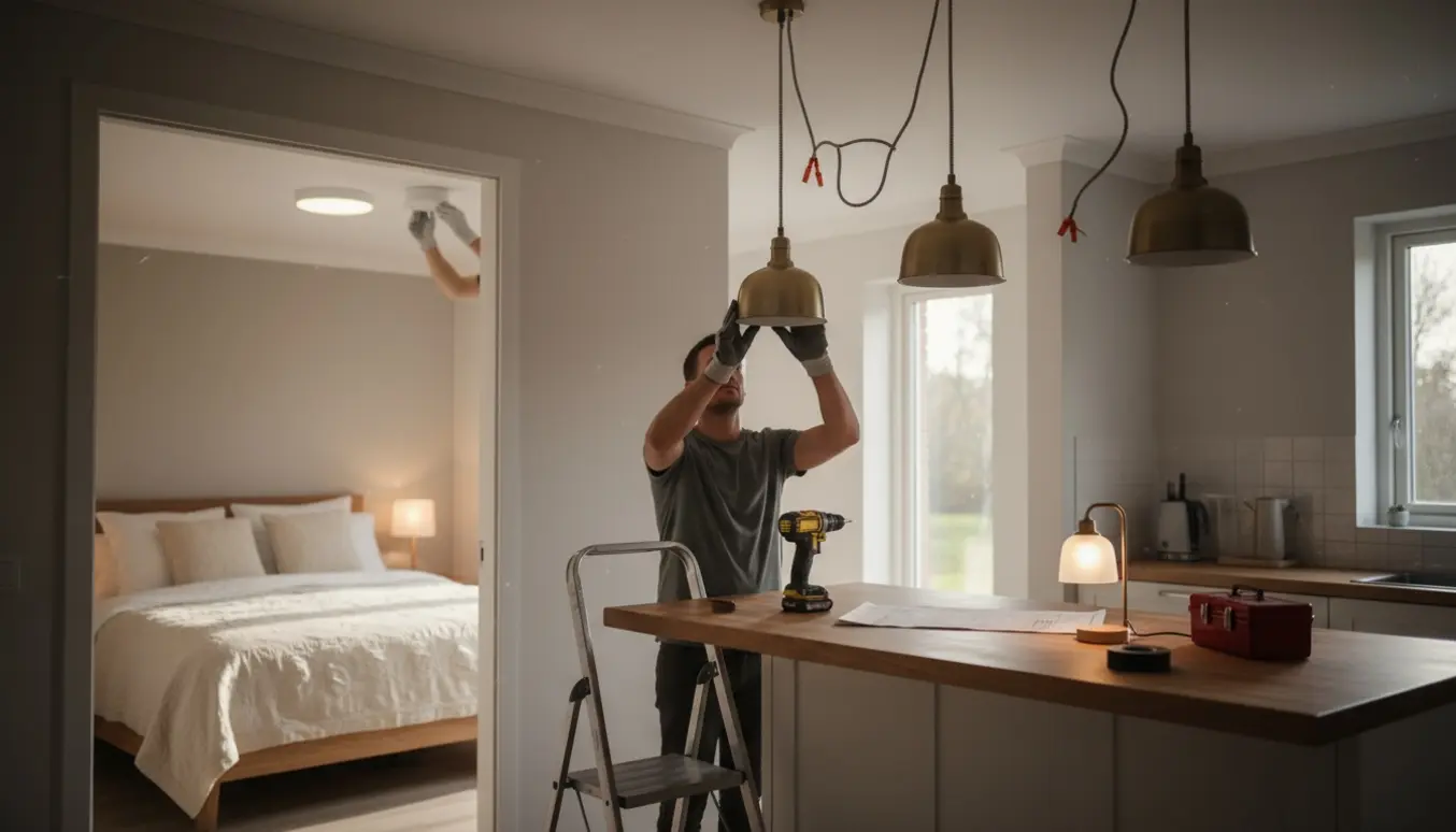 Hænder monterer en pendel over køkkenøen, mens to soveværelseslamper er klar i baggrunden.