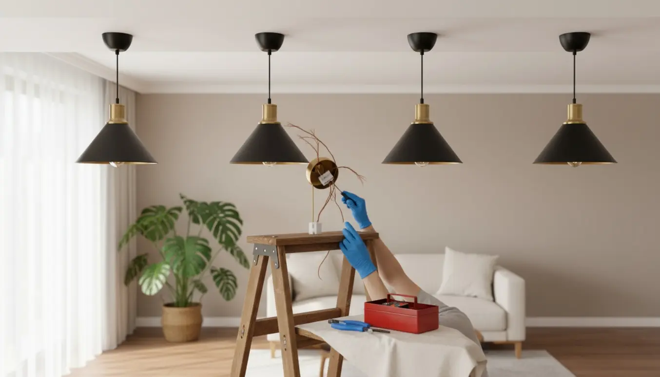 Håndværker på stige tilslutter den sidste af fire loftlamper i et lyst rum.