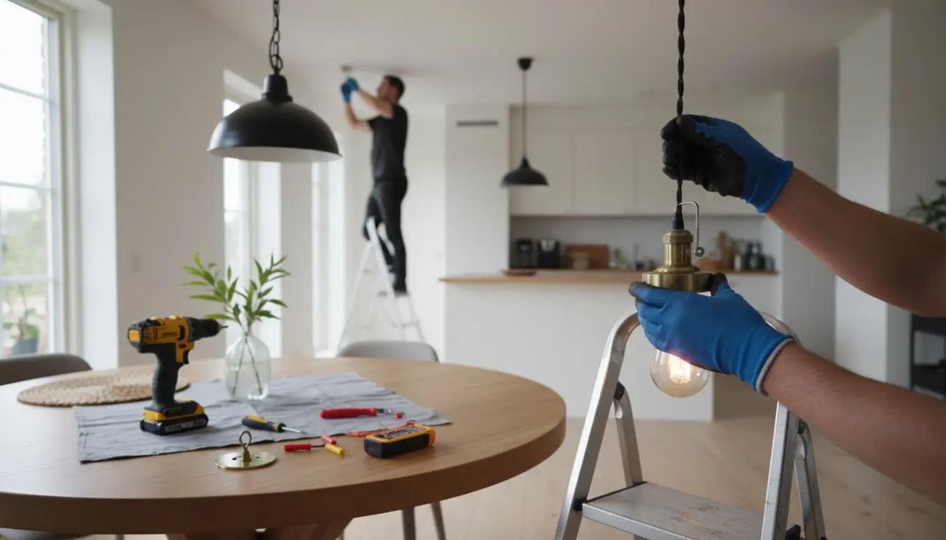 Ophængning af en ny pendel over spisebordet og flytning af en lampe til køkkenet.