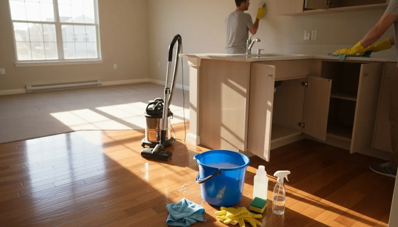 Rengøringsudstyr og handsker i brug i en tom, nyrenset toværelses lejlighed i naturligt dagslys.