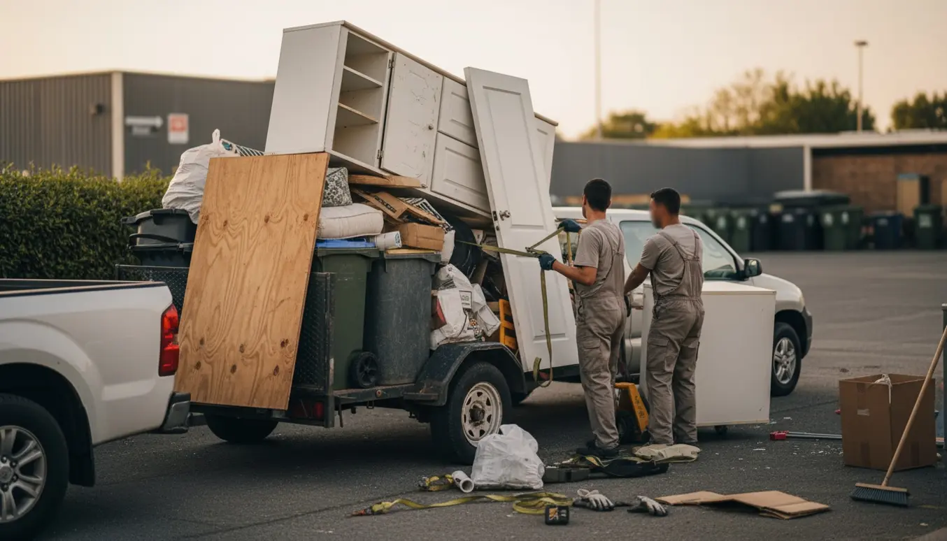 Lastning af blandet storskrald på trailer ved genbrugspladsen.