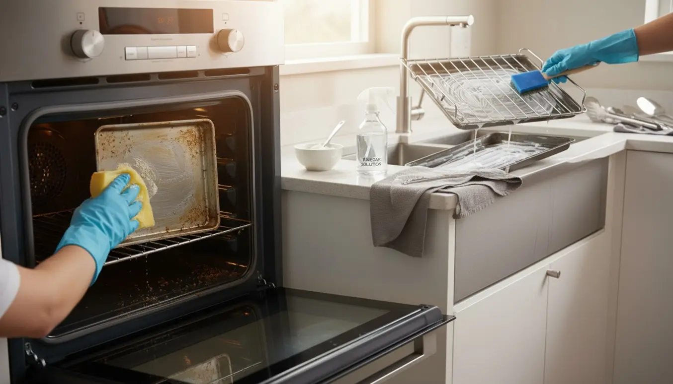 Hænder rengør ovnens indre og skrubber bageplader og rist i et lyst, rent køkken.