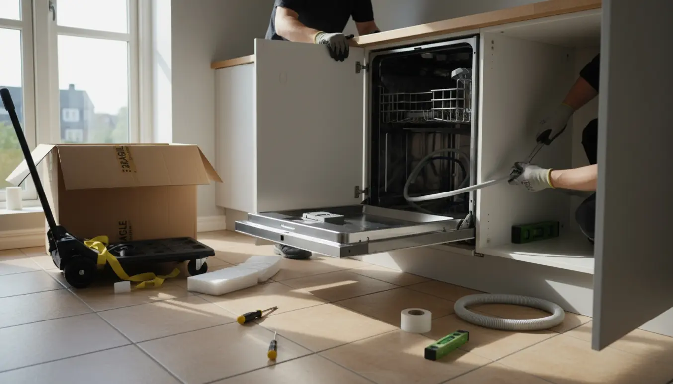Opvaskemaskine bliver installeret i et lyst stueetage-køkken, med værktøj og flytteudstyr omkring.