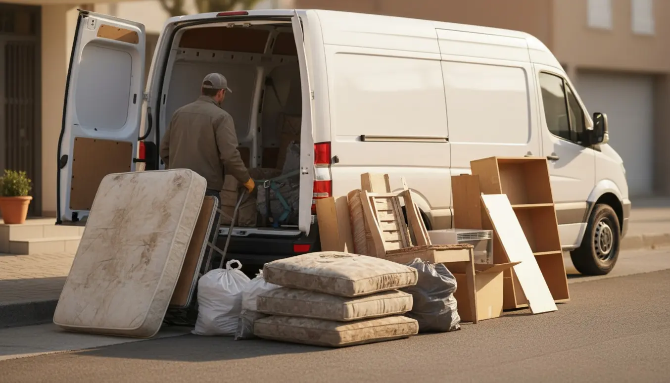 En hvid varevogn og en person med ryggen til, der læsser storskrald som møbler og kasser på fortovet foran en stueetagebygning.