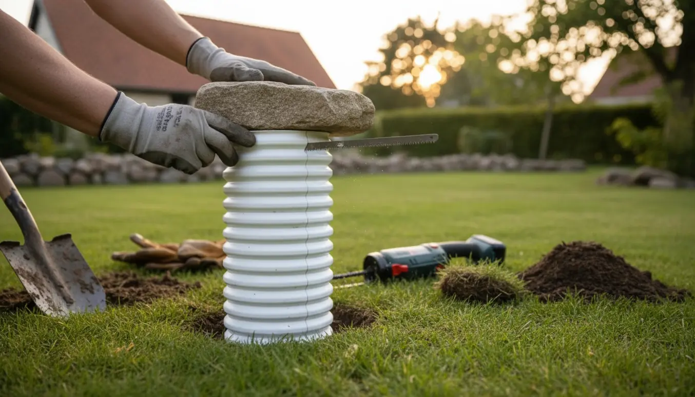 Nærbillede af et plastik drænrør i haven klar til at blive savet ned til jordhøjde med en tung flad sten ovenpå.