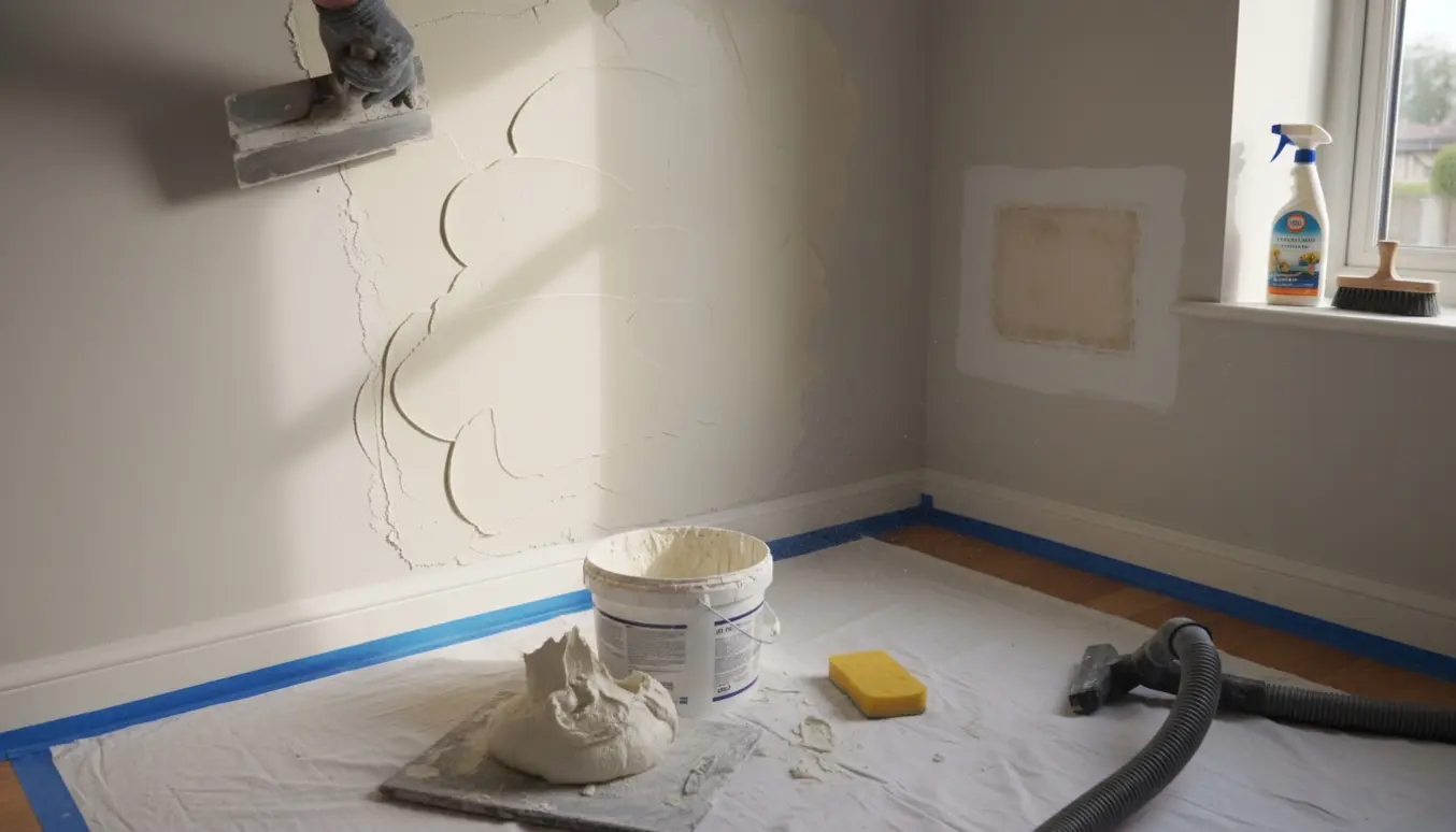 Soveværelsesvæg under reetablering med frisk puds, spartel og afdækning klar til maling.