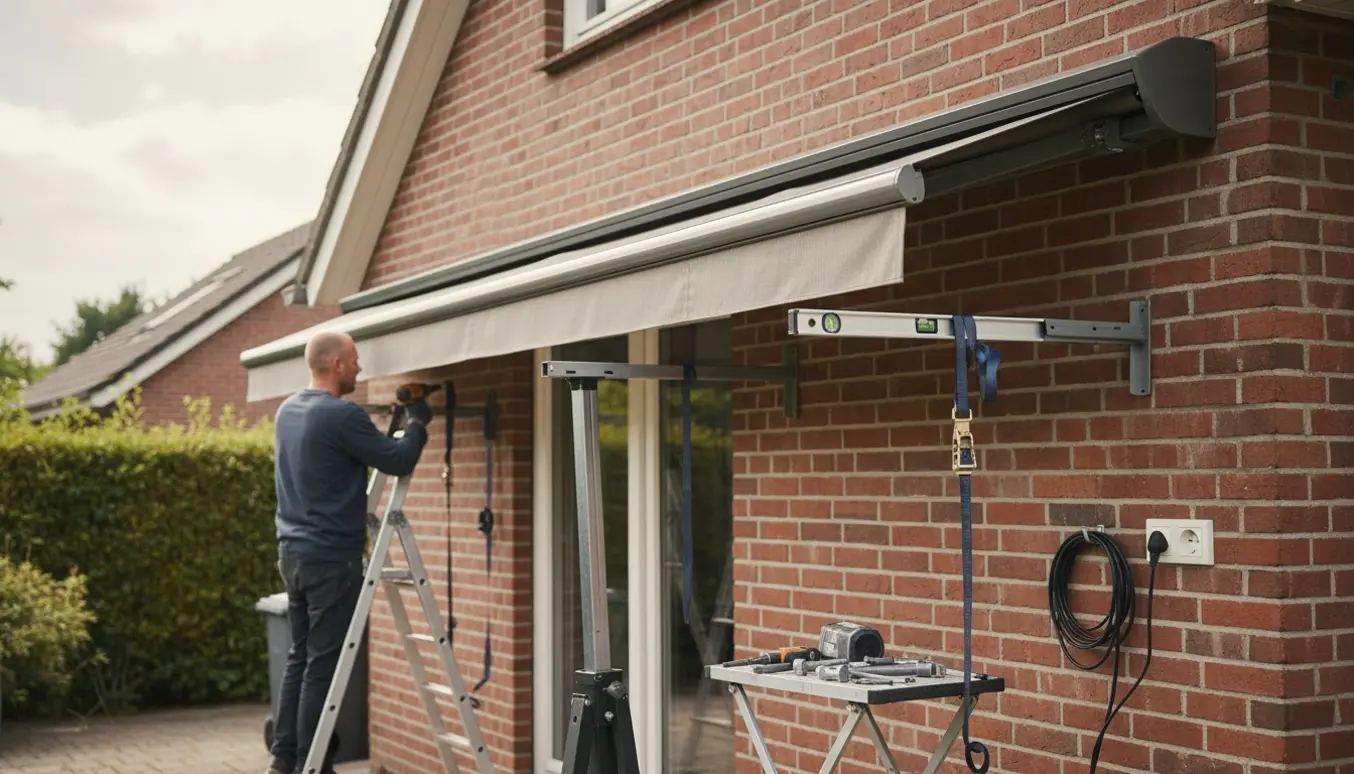 Montør monterer en elektrisk markise på en murstensvæg med værktøj og støtte, ansigtet ude af billedet.
