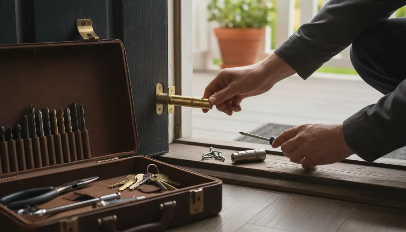 Nærbillede af hænder, der udskifter en cylinderlås i en hoveddør med værktøj på dørkarmen.