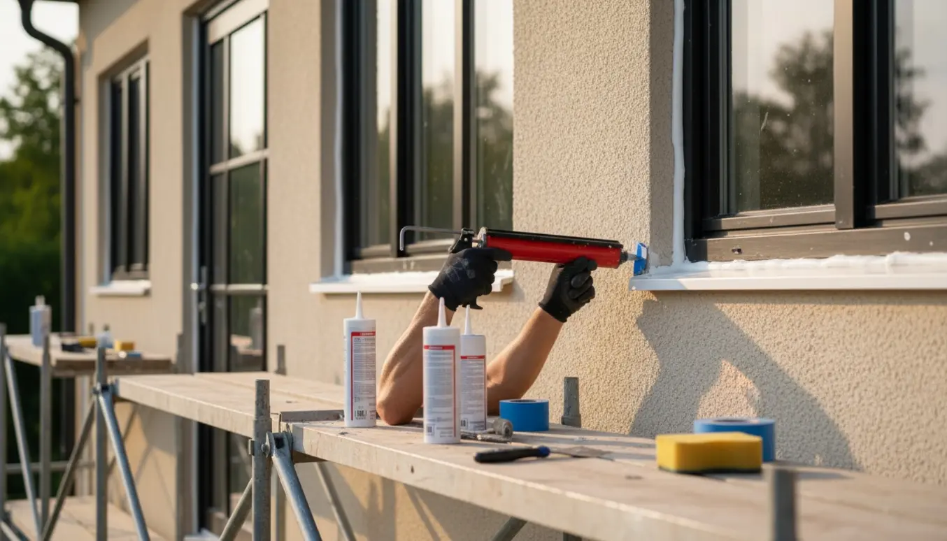 Nærbillede af udvendig fugearbejde ved vindue på stillads, hvor en hånd bruger en fugepistol til at påføre tætningsmasse.