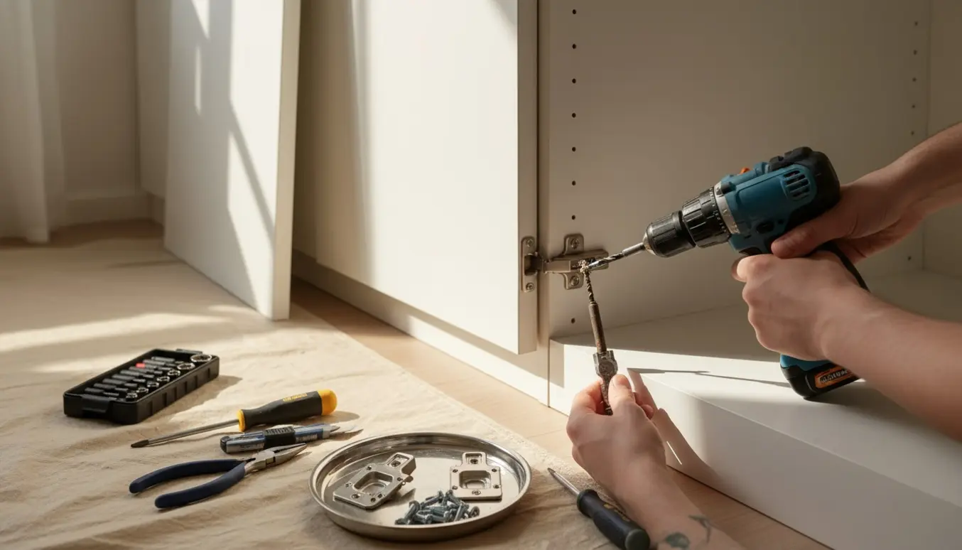 Hænder fjerner en ødelagt skrue fra en PAX-stil garderobe med nye skabslåger klar.