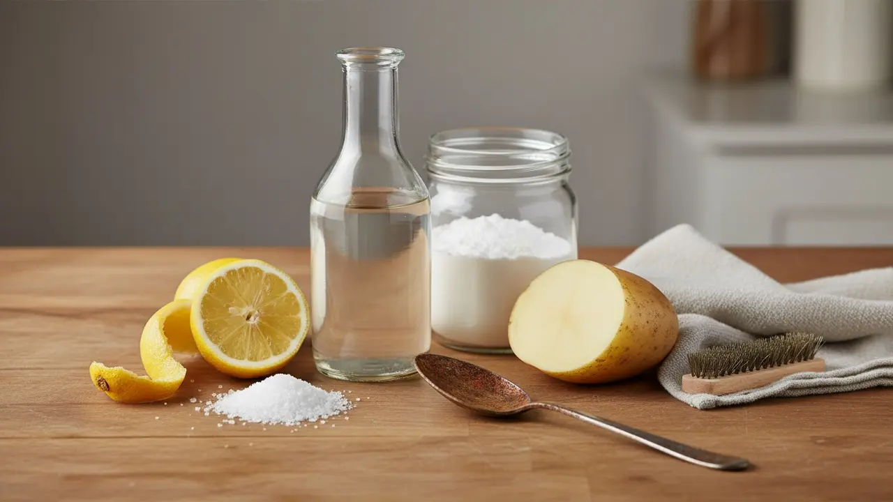 Husholdningsmidler på køkkenbord: eddike, citron, salt, bagepulver og kartoffel ved rustent metal