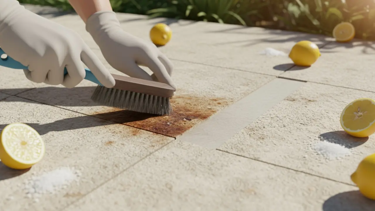 Udendørs flise med rustpletter, der skrubbes væk med citron, salt og børste
