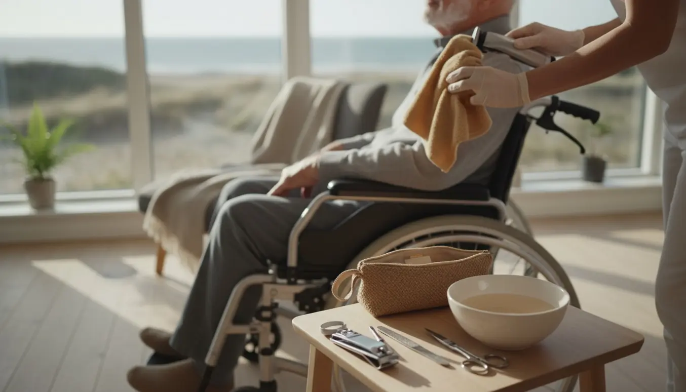 Omsorgsfuld plejer barberer og klipper negle på en ældre mand i kørestol i et lyst dansk hjem.