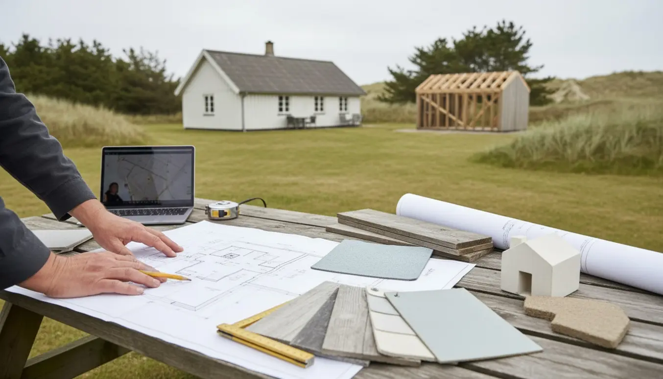 Arbejdsbord med byggetegninger, materialprøver og et lille anneks ved et sommerhus i kystnært landskab.