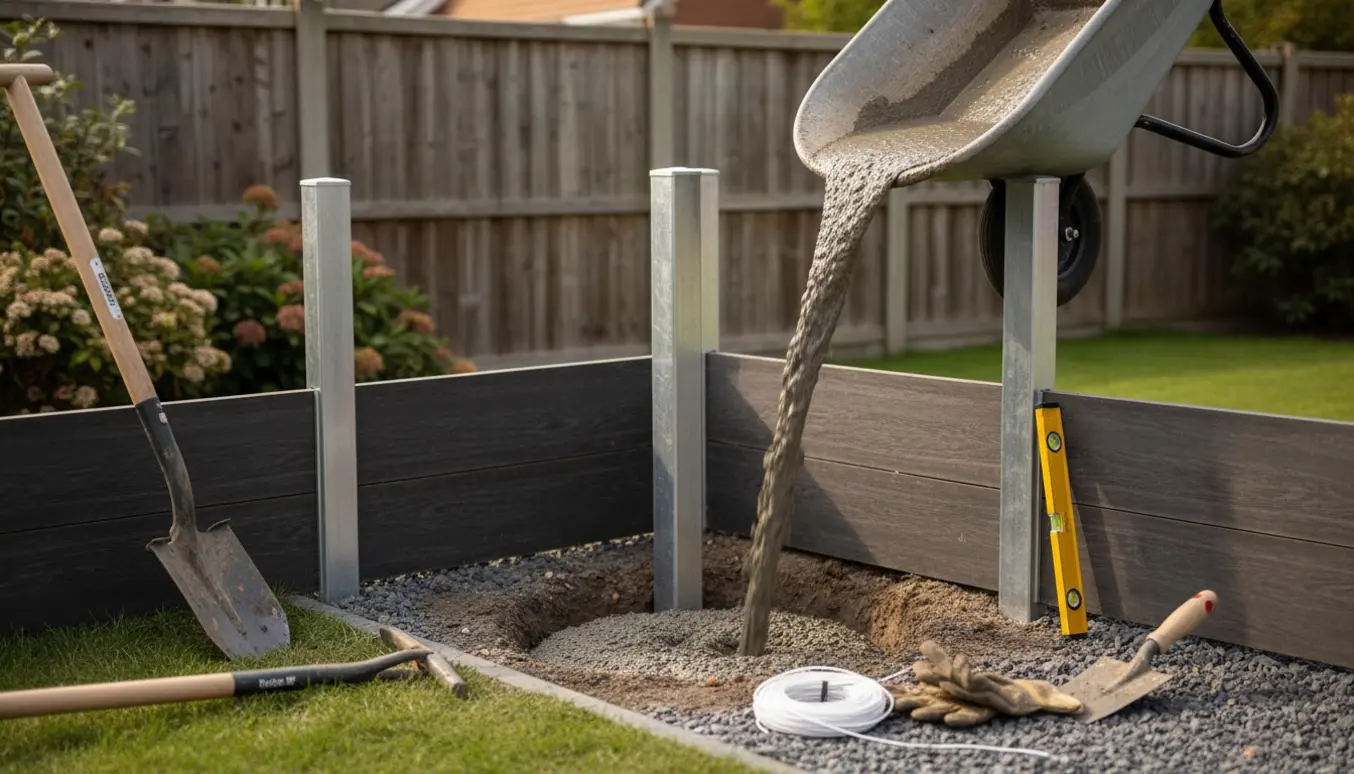 Nærbillede af opsætning af komposithegn med alu-stolper støbt i jorden og våd beton ved en stolpe.