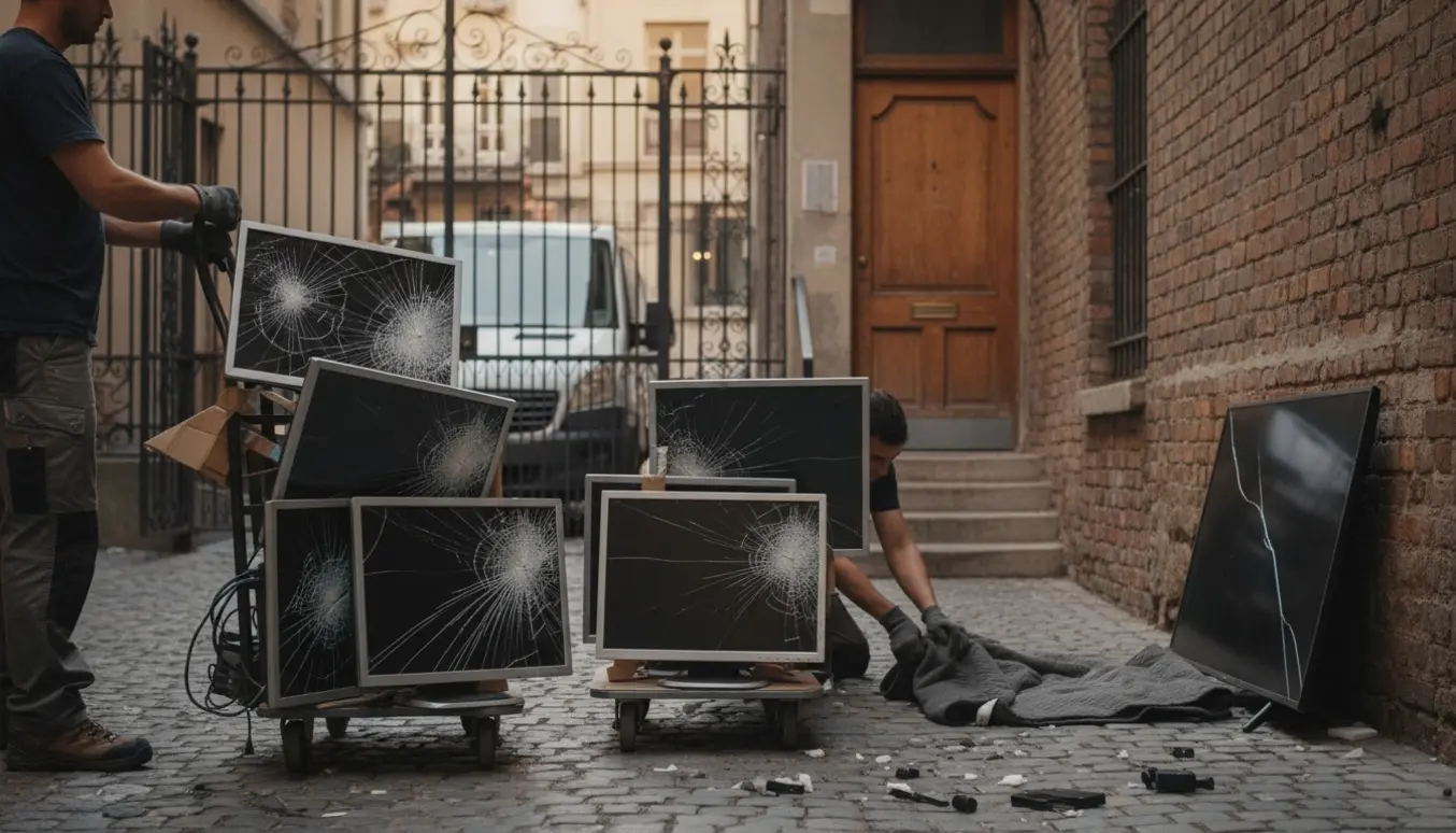 Ni knuste computerskærme og et 50 tommer TV læsset på en trillebør i en baggård, arbejdstagere ses fra taljen ned.