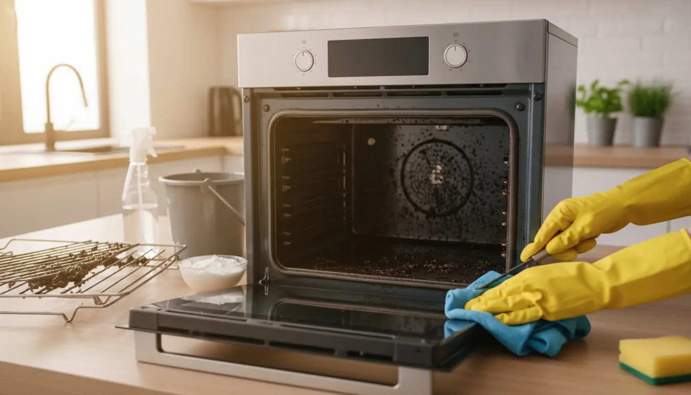 Hænder i gummihandsker rengør en åben ovn med skraber og klud, ovnriste og rengøringsmidler på køkkenbordet.