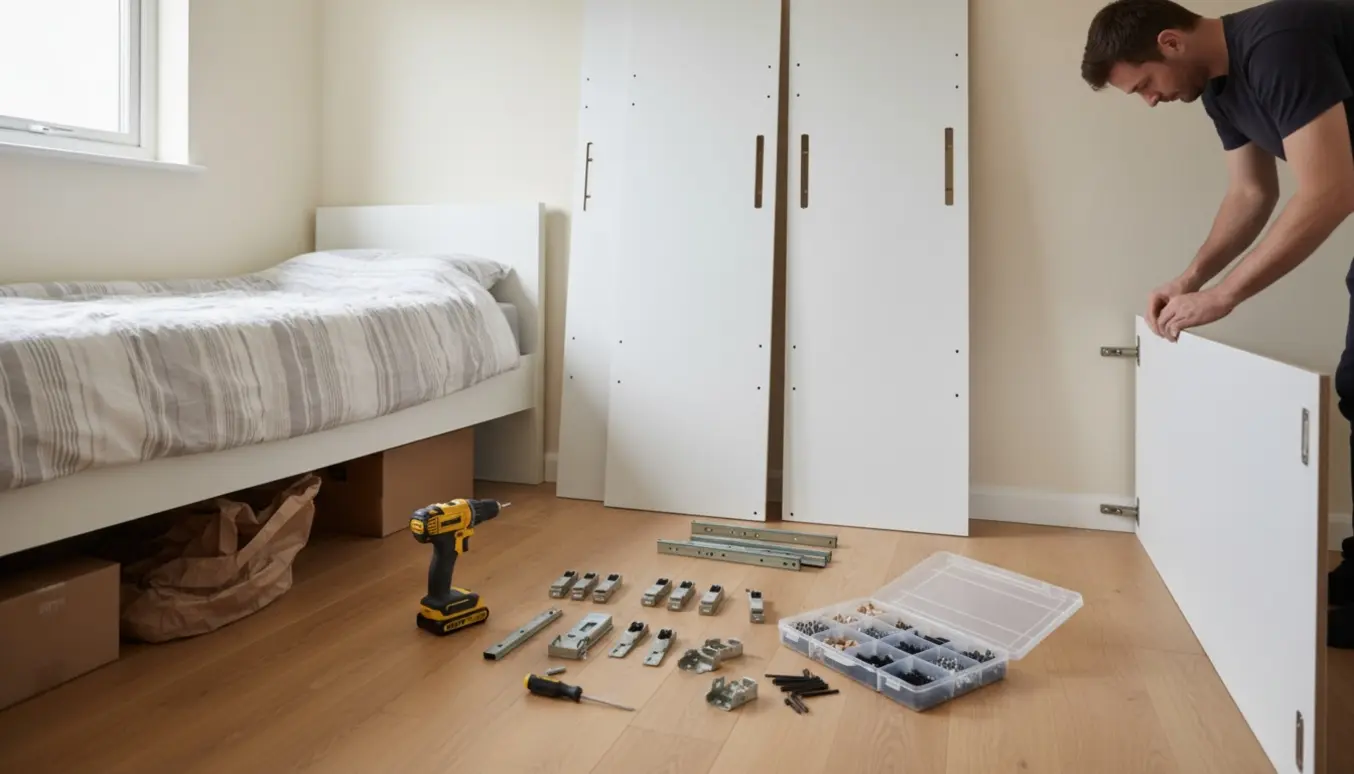 Et fladtpakket garderobeskab monteres i et lille soveværelse med værktøj og dele på gulvet.