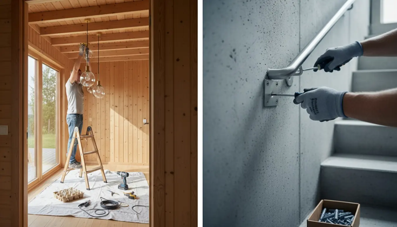 Hands-on installation af lamper i et sommerhus og montering af gelænder på en kældertrappe med værktøj i forgrunden.