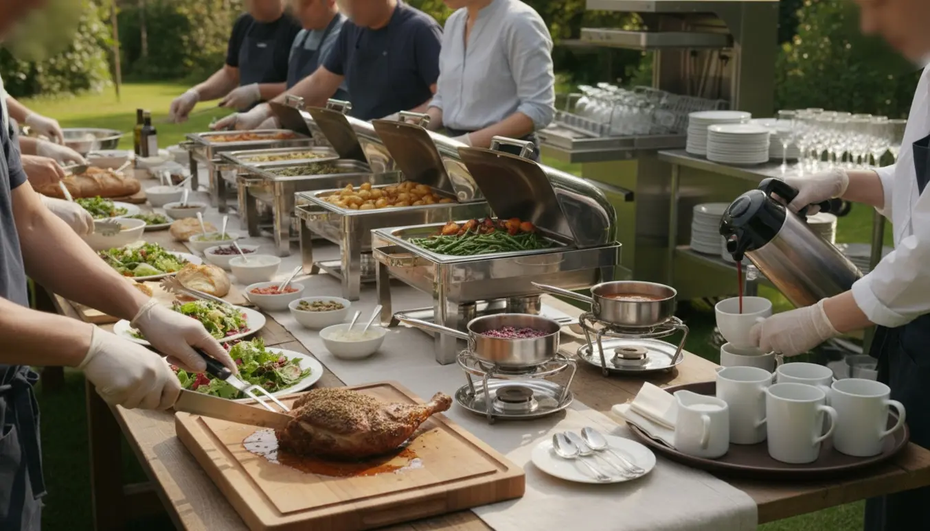 Udendørs buffet med skåret kød, varmegryder, kaffekande og hænder der serverer.