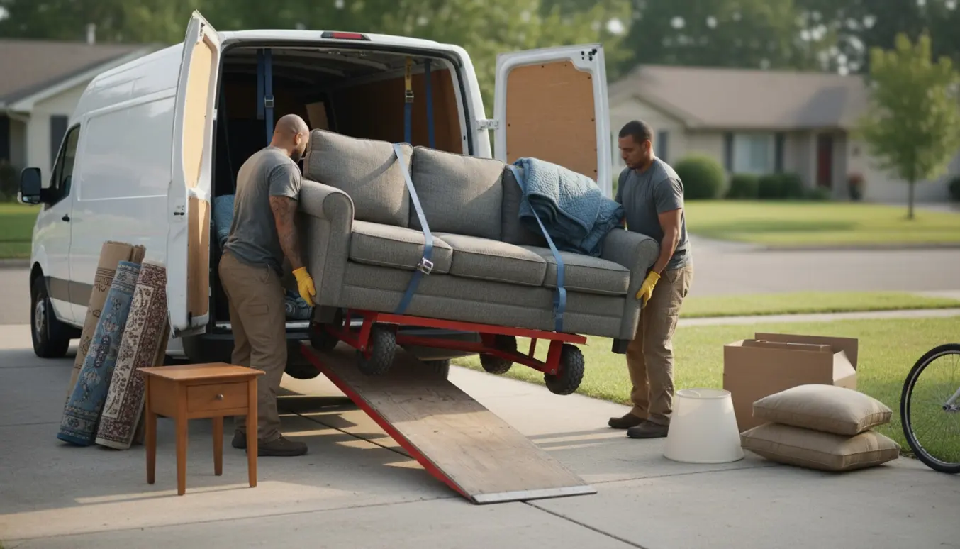 Flyttefolk læsser en trepersoners sofa, to tæpper og diverse effekter ind i en varevogn til bortkørsel af storskrald.