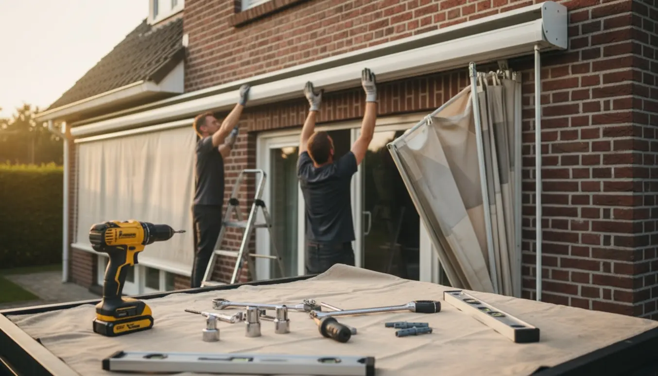 Ny elektronisk markise monteres på en murstensvilla, håndværkere løfter kassette og almindeligt værktøj ligger klar.