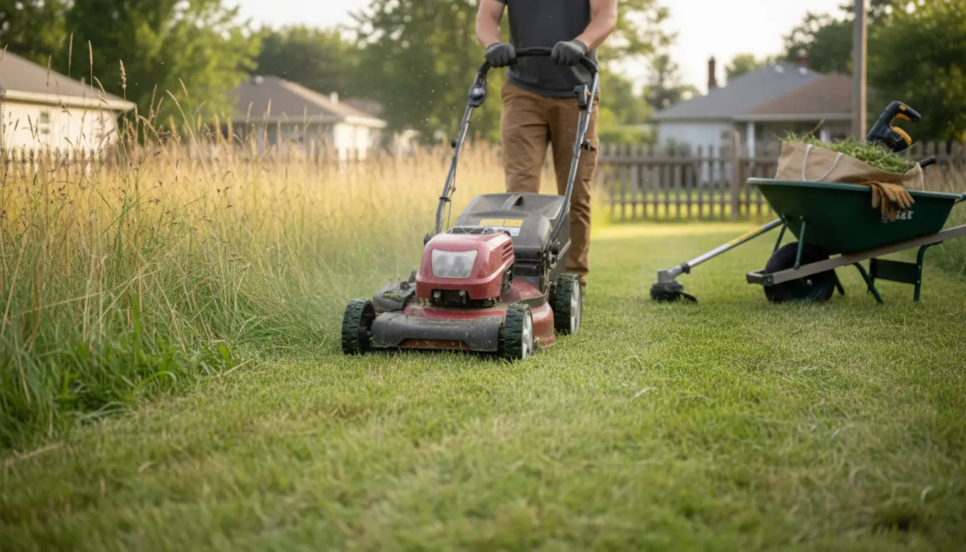 Person slår højt græs på en tom grund med en plæneklipper, der efterlader en tydelig stribe af nyslået græs.