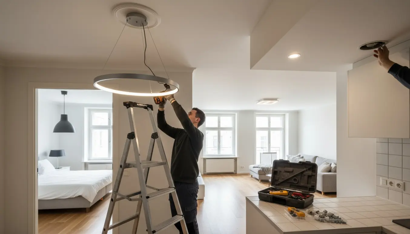 Person på stige monterer loftlamper i en lys lejlighed med værktøj og åbne rum mod soveværelse, køkken og stue.