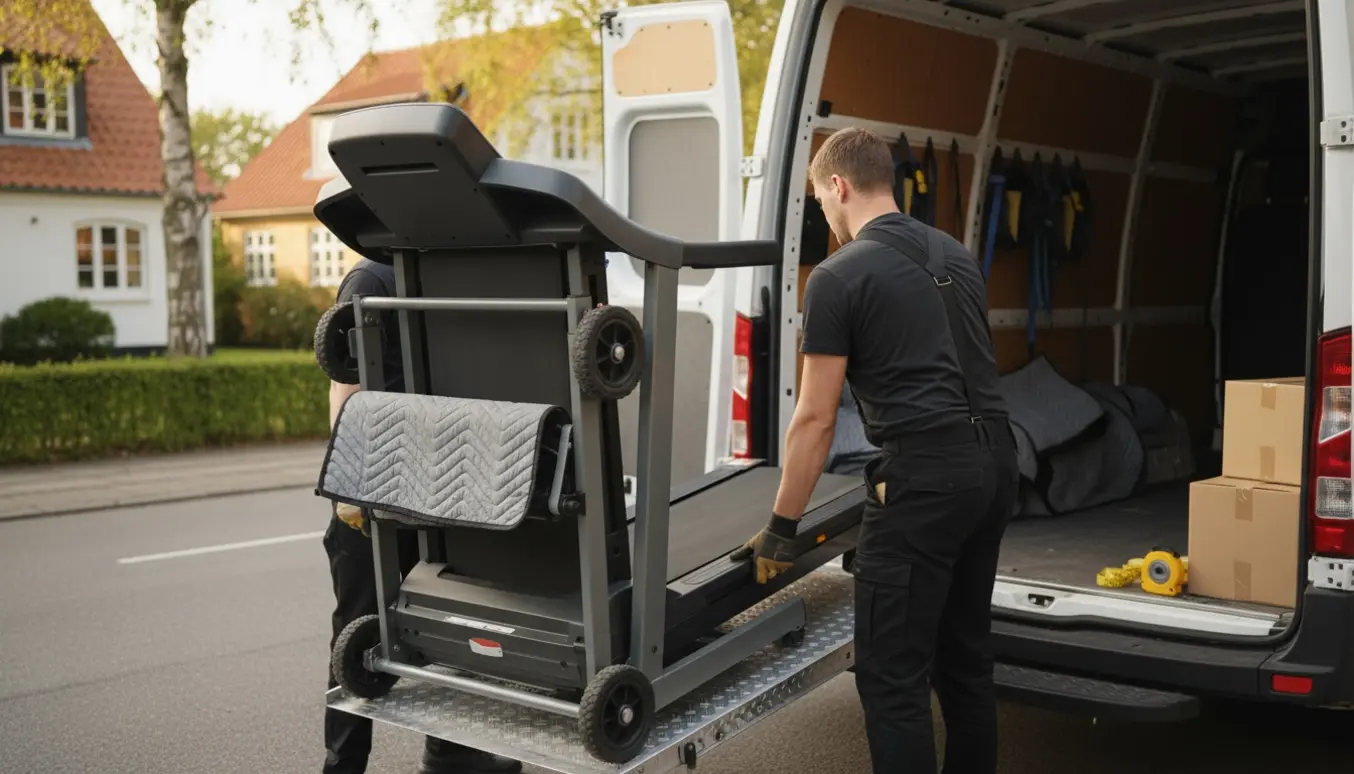 Et sammenfoldet løbebånd læsses ind i en flyttevogn på en rolig dansk villavej, med beskyttelsestæpper og flytteudstyr.