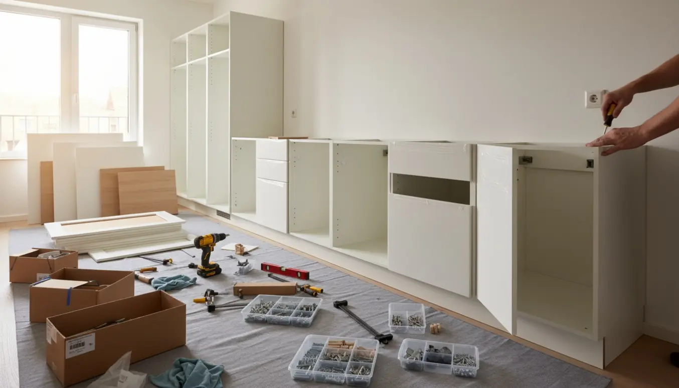Halvfærdigt IKEA-køkken med skabsstammer, værktøj og hænder, der monterer en låge.
