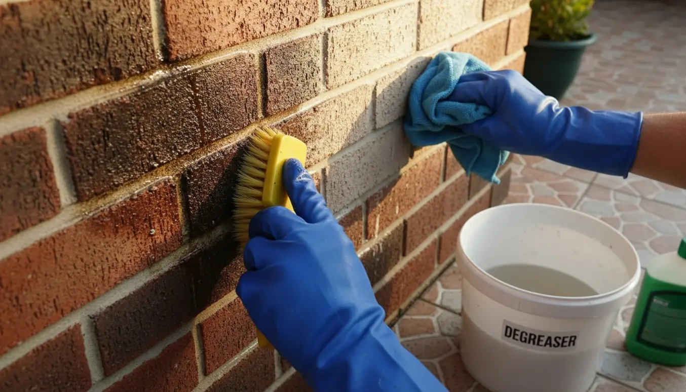 Hænder i handsker skrubber fedtpletter væk fra fem-seks mursten ved en fliseterrasse.