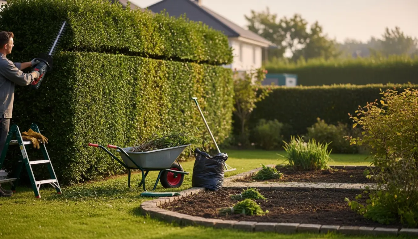 Hækkeklipning bag huset og fjernelse af ukrudt i forhaven med haveredskaber.