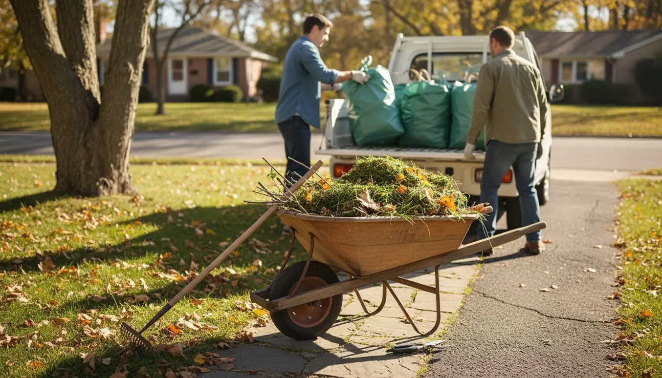 Hjælper læsser bundne sække med haveaffald i en varevogn ved indkørsel med trillebør og haveredskaber i forgrunden.
