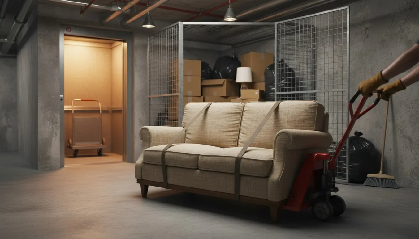 Et kælderrum under oprydning med sofa på sækkevogn, fyldte affaldssække og åben elevator i baggrunden.