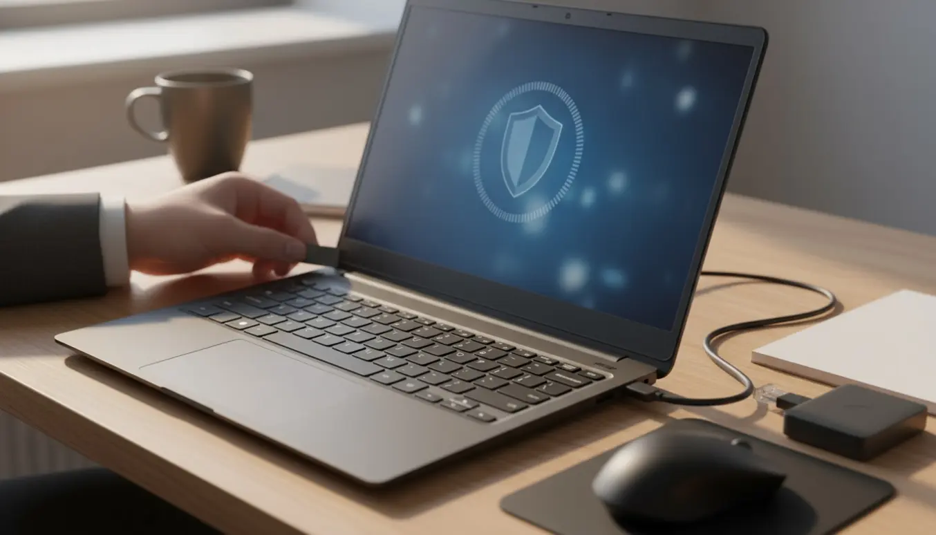 Nærbillede af hænder, der sætter en USB‑installer i en laptop med et sikkerhedsskjold på skærmen.