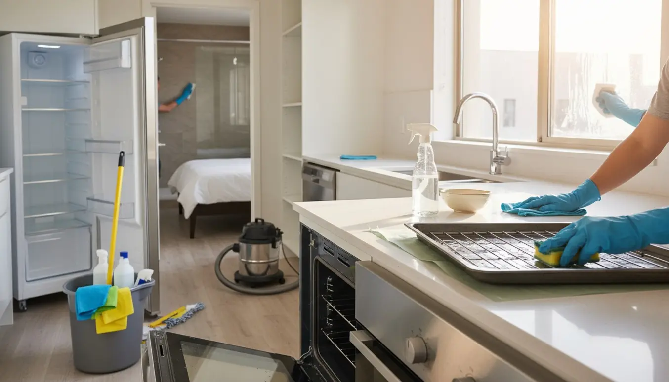 Flytterengøring i en lys toværelses lejlighed med åben ovn, rengøringsspande og handske-klædte hænder, der pudser overflader.