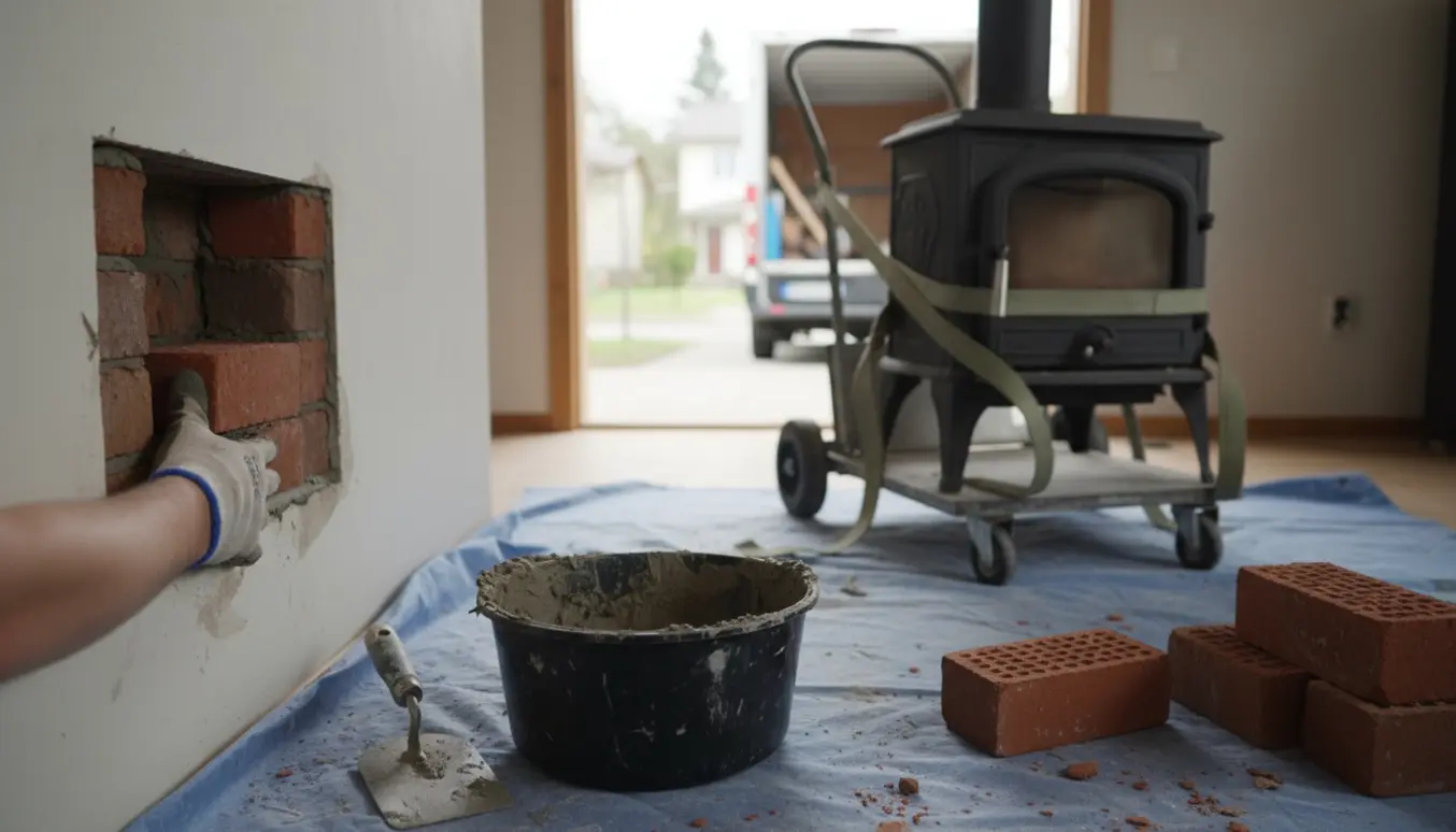 Nærbillede af arbejdshænder, der murer hul i væg efter fjernelse af en Morsø brændeovn, ovnen på sækkevogn i baggrunden.
