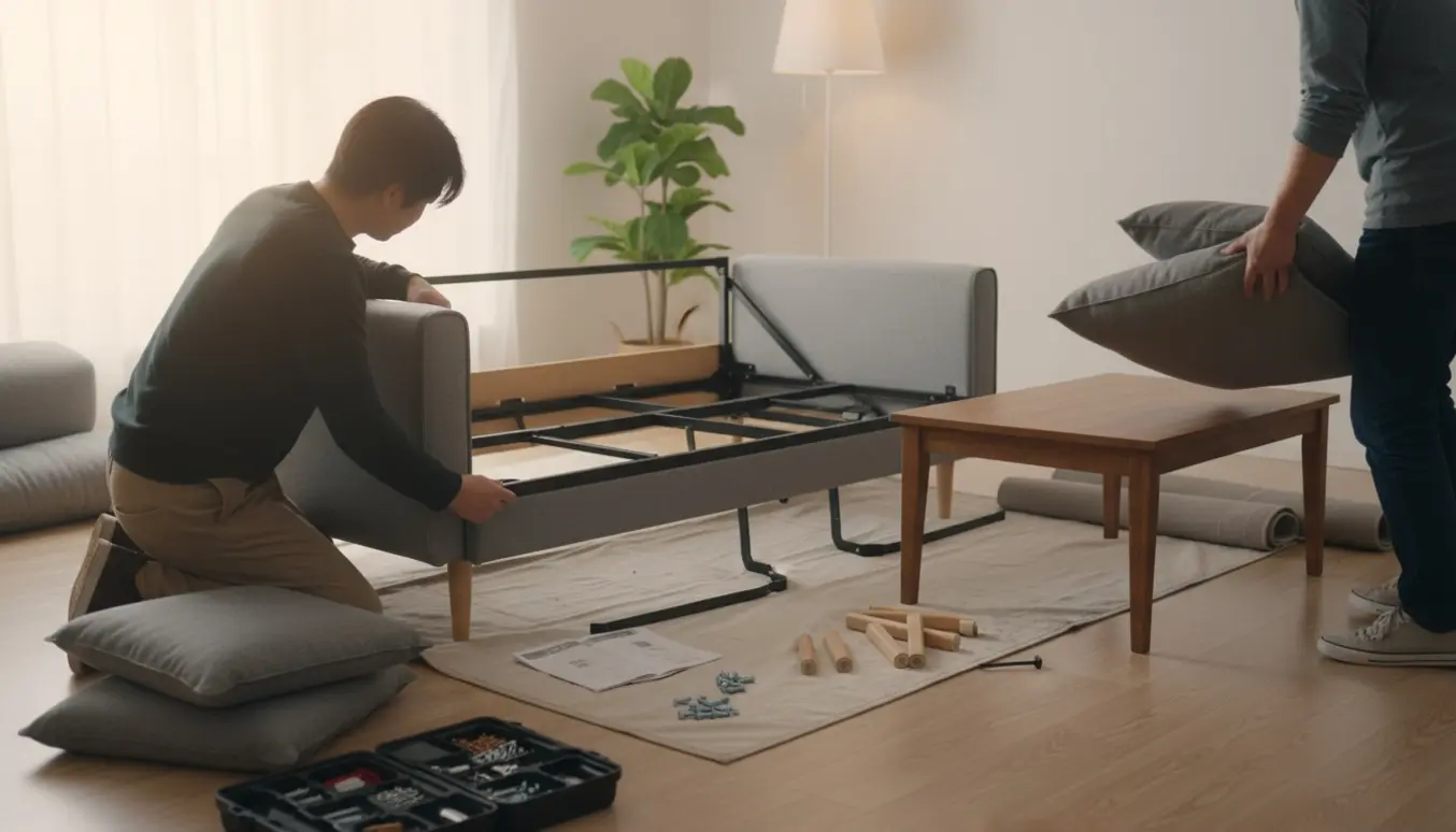 To personer samler en halv sovesofa og flytter møbler i en lys, moderne stue uden synlige ansigter.