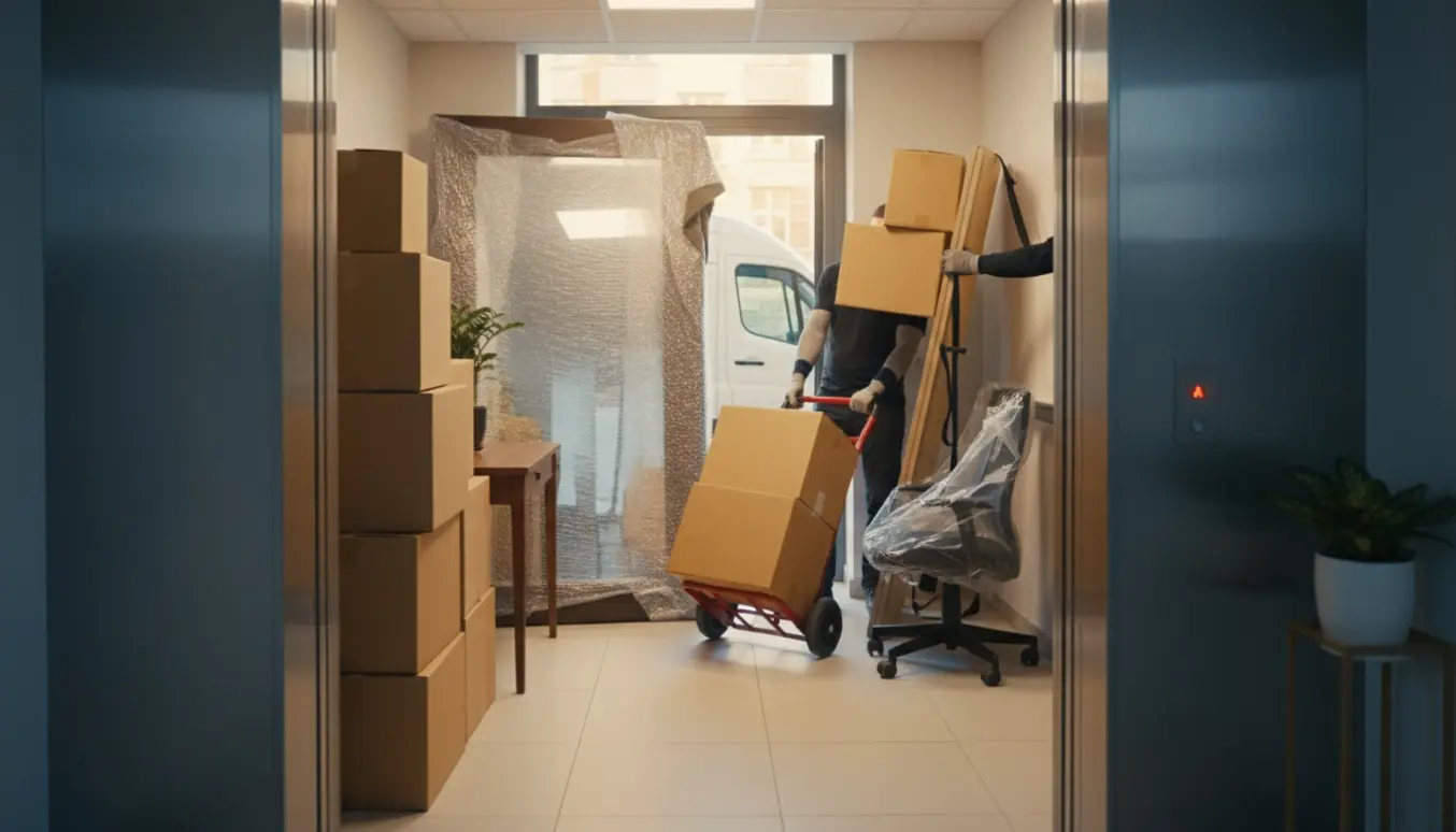 Flyttemand læsser møbler og flyttekasser ind i en elevator i et lyst opgangsmiljø.