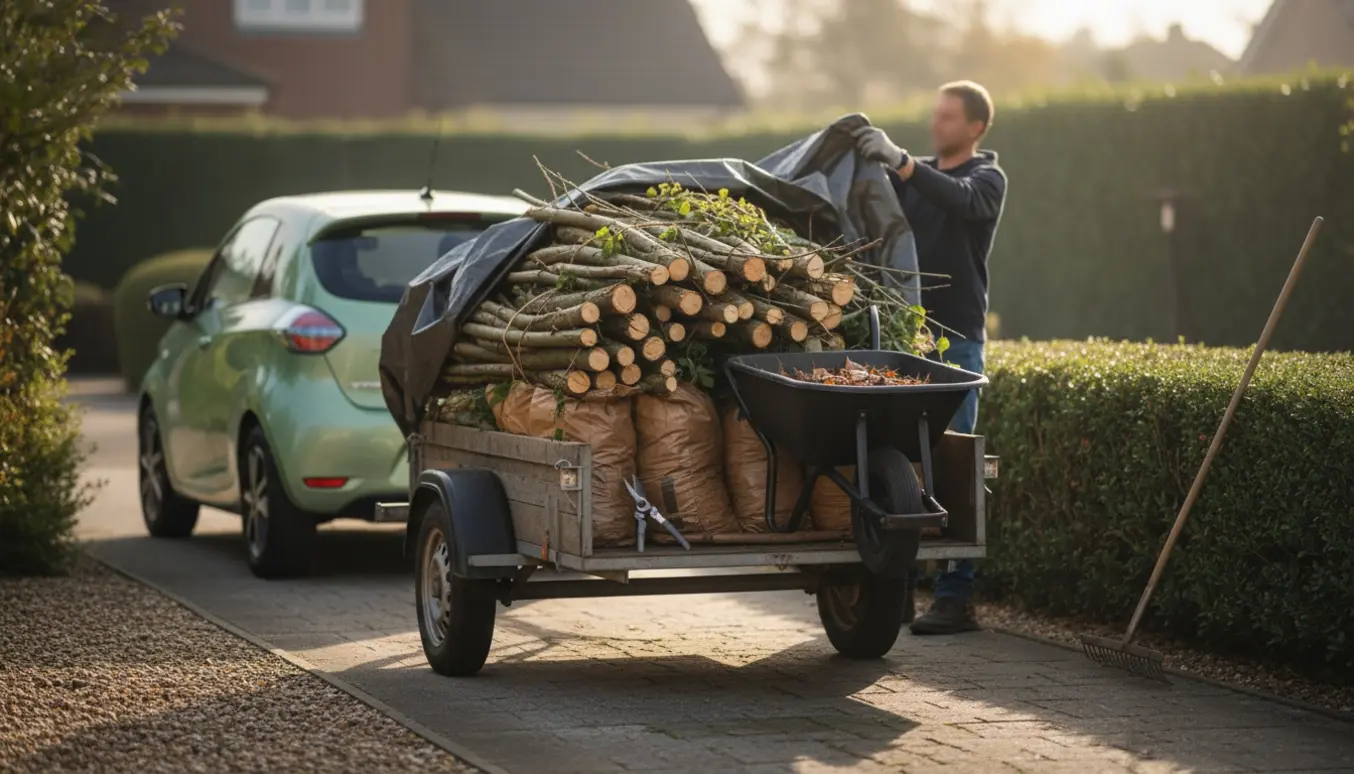Trailer fyldt med grene og haveaffald på indkørslen, en person set bagfra spænder presenning.