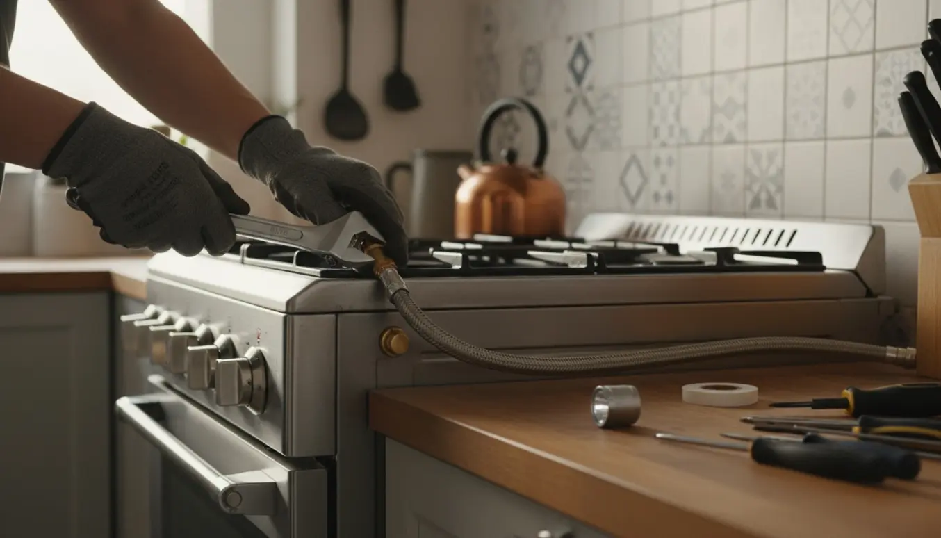 Nærbillede af handskerede hænder, der med skruenøgle afmonterer gasforbindelsen bag et komfur.