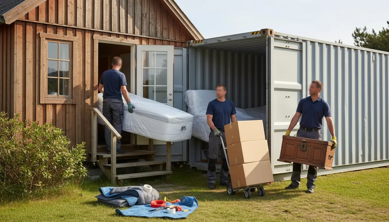 To flyttemænd bærer møbler og flyttekasser fra et træsommerhus ind i en opbevaringscontainer ved huset.